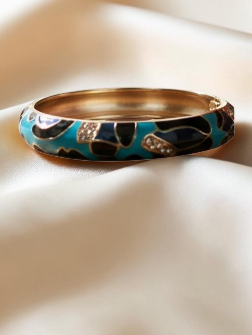 Sequin Y2K Enamel Rhinestone Hinged Bangle Bracelet -Signed